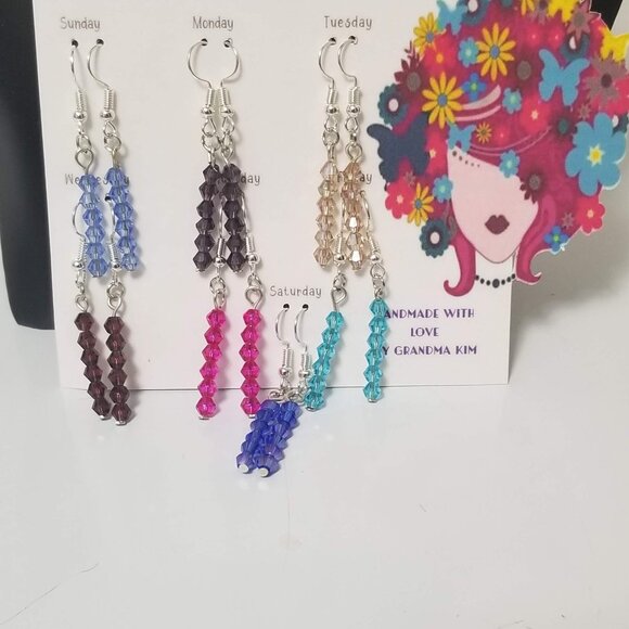 Handmade Crystal Beaded Dangle Earrings 2” Drop Lightweight - Picture 5 of 7